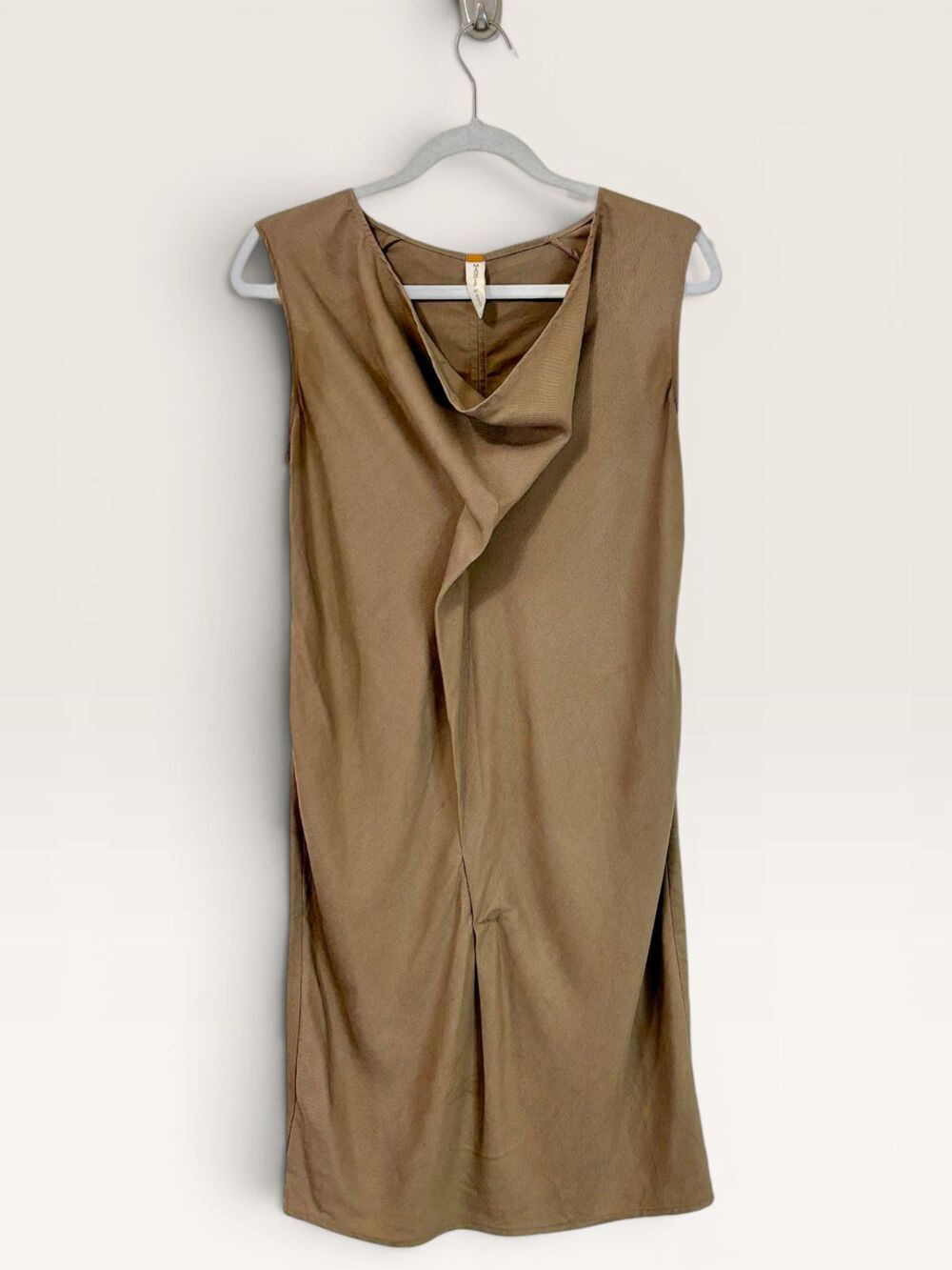 Maggie Ward Brown Tencel Shift Dress Size S Leather Back Stripe Drape Neck